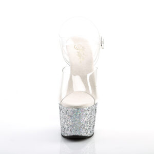 Durchsichtige Riemchen Sandalette mit silber Multi Glitter Plateau, 17,5 cm Absatz, 7,5 cm Plateau von Pleaser.