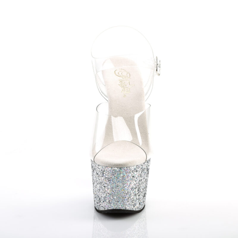 Durchsichtige Riemchen Sandalette mit silber Multi Glitter Plateau, 17,5 cm Absatz, 7,5 cm Plateau von Pleaser.