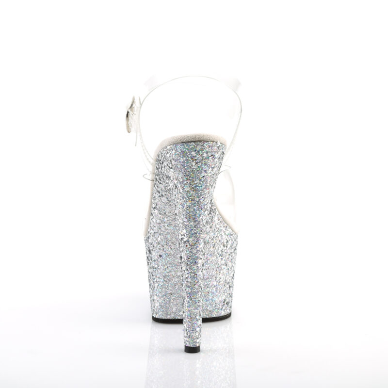 Durchsichtige Riemchen Sandalette mit silber Multi Glitter Plateau, 17,5 cm Absatz, 7,5 cm Plateau von Pleaser.
