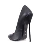 High Heels schwarz Leder mit schwarz lackiertem Stilettoabsatz und schwarzer runder Lackkappe vorne von MICELI - Made in Italy.