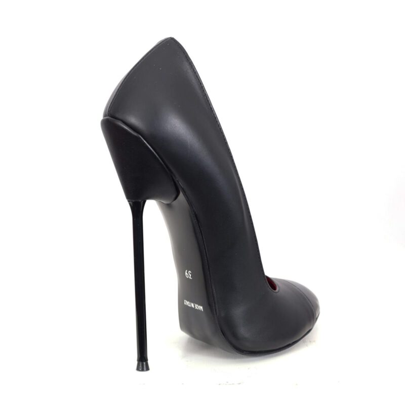 High Heels schwarz Leder mit schwarz lackiertem Stilettoabsatz und schwarzer runder Lackkappe vorne von MICELI - Made in Italy.