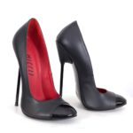 High Heels schwarz Leder mit schwarz lackiertem Stilettoabsatz und schwarzer runder Lackkappe vorne von MICELI - Made in Italy.