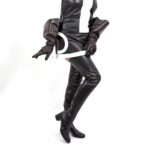 Sehr langer Stretch Overknee Stiefel im 60er Jahre Look von Miceli-Made in Italy. schwarz Kunstleder mit 5 cm Blockabsatz.