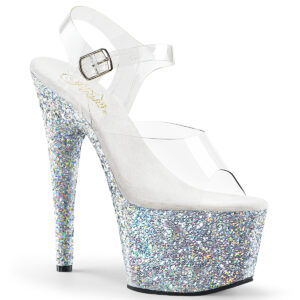 Durchsichtige Riemchen Sandalette mit silber Multi Glitter Plateau, 17,5 cm Absatz, 7,5 cm Plateau von Pleaser.