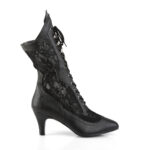 Schwarze Stiefelette mit 7,5 cm Blockabsatz in Kunstleder kombiniert mit Spitze und Schnürung.