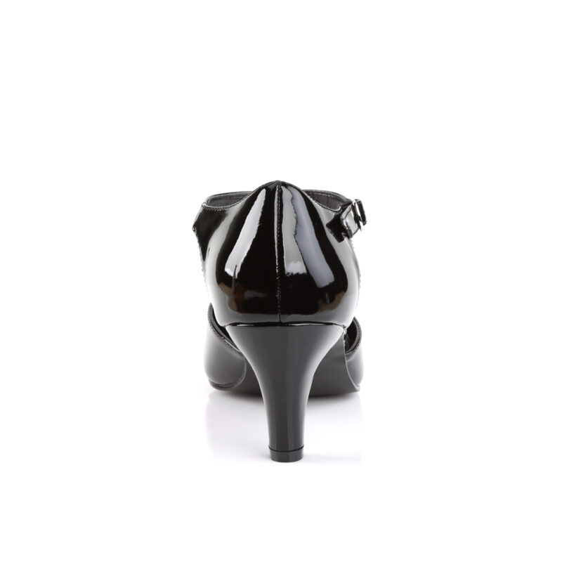 D'Orsay Damen Pumps mit T-Riemchen und 7,5 cm Blockabsatz schwarz Lack von Pleaser USA.