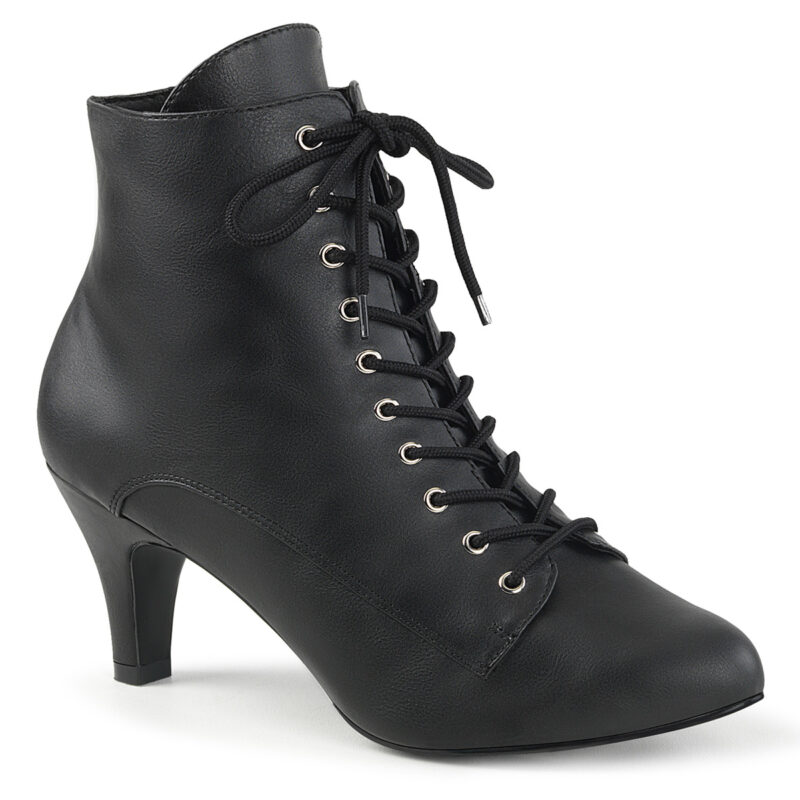Schwarze Blockabsatz Stiefelette mit Schnürung und Reißverschluss in Kunstleder von Pleaser USA.