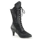 Schwarze Stiefelette mit 7,5 cm Blockabsatz in Kunstleder kombiniert mit Spitze und Schnürung.