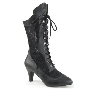 Schwarze Stiefelette mit 7,5 cm Blockabsatz in Kunstleder kombiniert mit Spitze und Schnürung.