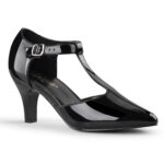 D'Orsay Damen Pumps mit T-Riemchen und 7,5 cm Blockabsatz schwarz Lack von Pleaser USA.