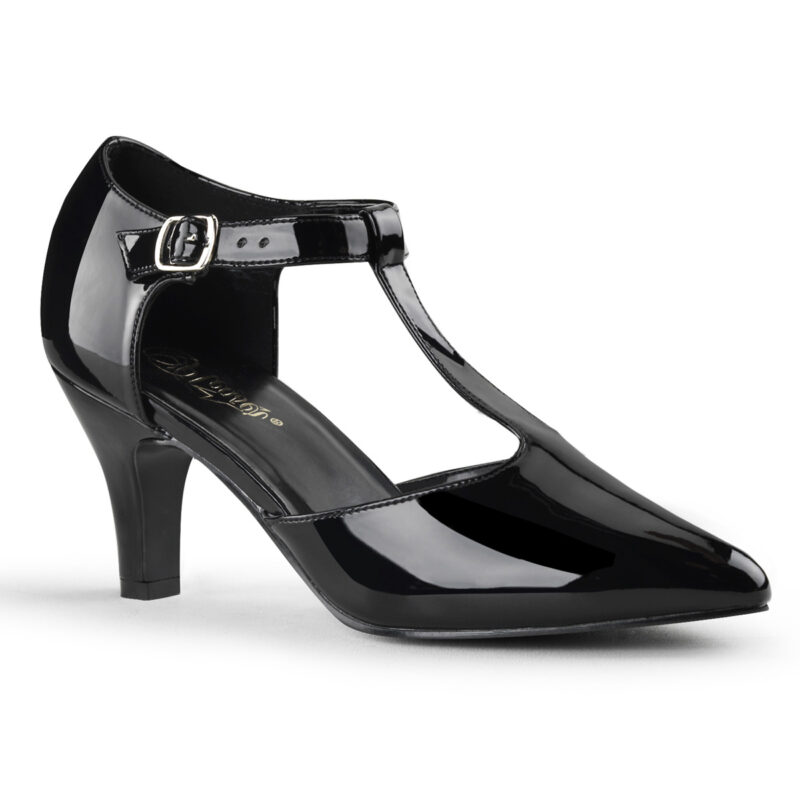 D'Orsay Damen Pumps mit T-Riemchen und 7,5 cm Blockabsatz schwarz Lack von Pleaser USA.