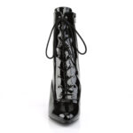 Elegante High-Heel Stiefeletten von Pleaser USA aus Lackleder-Imitat mit Schnürung und zusätzlichem Reißverschluss an der Innenseite und 10 cm Absatz.