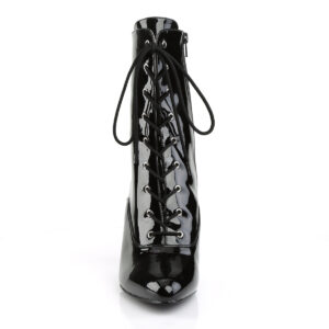 Elegante High-Heel Stiefeletten von Pleaser USA aus Lackleder-Imitat mit Schnürung und zusätzlichem Reißverschluss an der Innenseite und 10 cm Absatz.