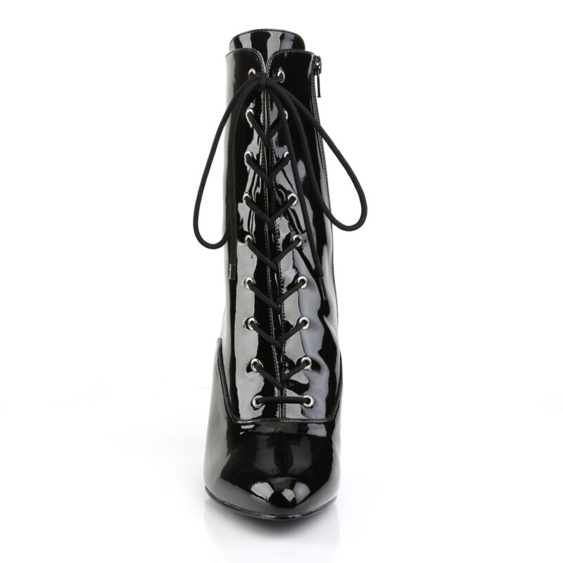 Elegante High-Heel Stiefeletten von Pleaser USA aus Lackleder-Imitat mit Schnürung und zusätzlichem Reißverschluss an der Innenseite und 10 cm Absatz.