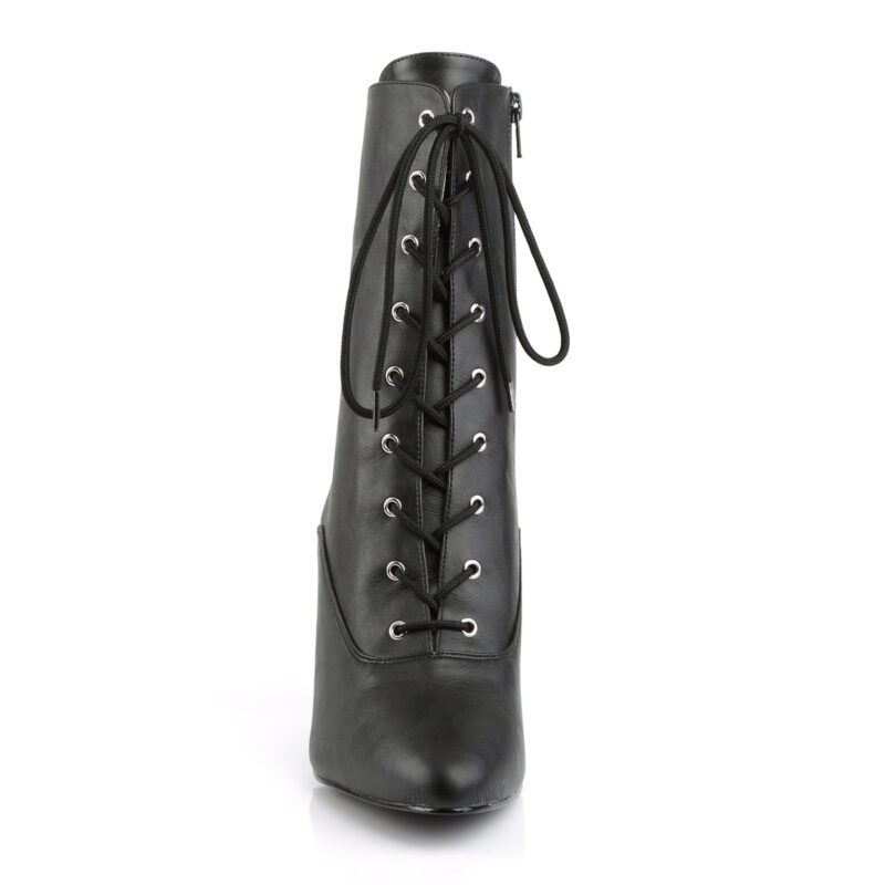 Elegante High-Heel Stiefeletten von Pleaser USA aus Kunstleder mit Schnürung und zusätzlichem Reißverschluss an der Innenseite und 10 cm Absatz.