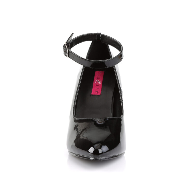 Dream-431 Klassische Pumps mit breitem Fesselriemchen, schwarz Lack mit 10 cm Absatz von Pleaser.