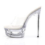 ECLIPSE-601 Durchsichtige High Heels Pantolette mit Plateau im Cut-out-Design von Pleaser 16,5 cm hohem Absatz und 4,5 cm Plateau. Das Obermaterial ist aus Kunststoff. Die Lederinnensohle ist weichgepolstert.