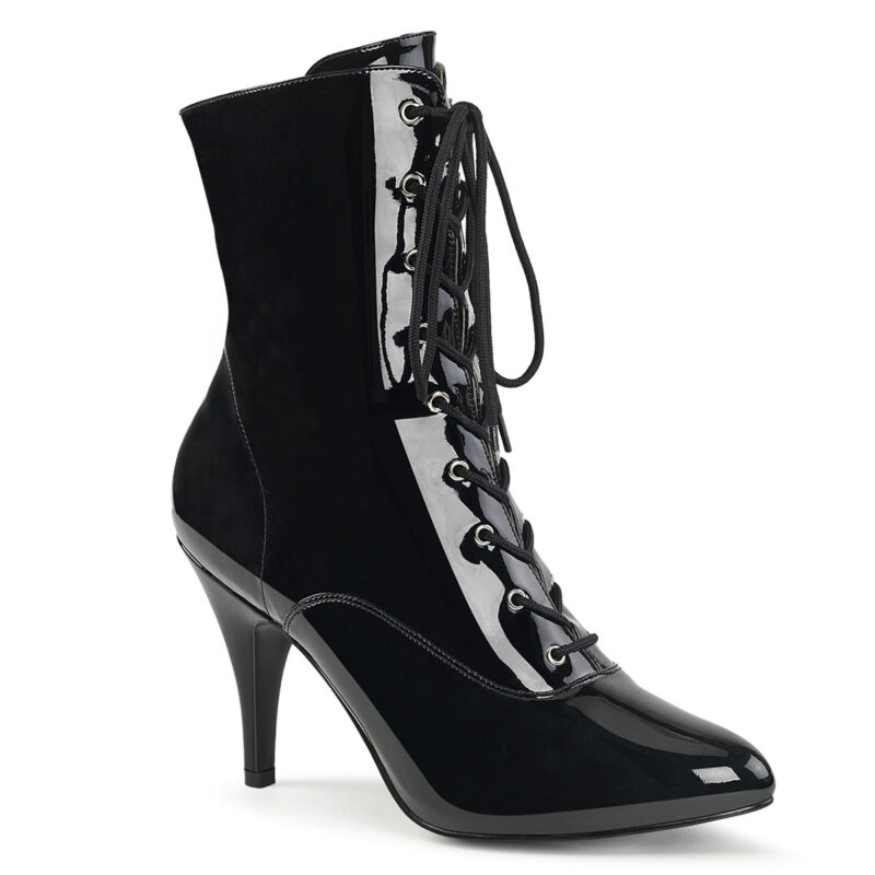 Elegante High-Heel Stiefeletten von Pleaser USA aus Lackleder-Imitat mit Schnürung und zusätzlichem Reißverschluss an der Innenseite und 10 cm Absatz.