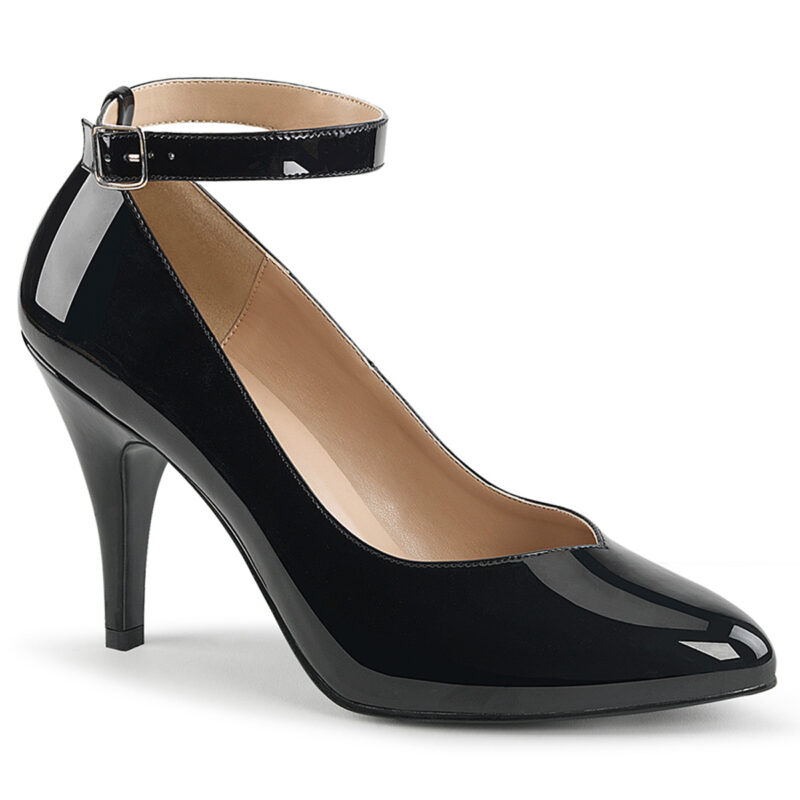 Dream-431 Klassische Pumps mit breitem Fesselriemchen, schwarz Lack mit 10 cm Absatz von Pleaser.