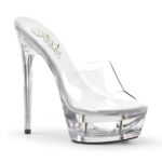 ECLIPSE-601 Durchsichtige High Heels Pantolette mit Plateau im Cut-out-Design von Pleaser 16,5 cm hohem Absatz und 4,5 cm Plateau. Das Obermaterial ist aus Kunststoff. Die Lederinnensohle ist weichgepolstert.