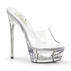 ECLIPSE-601 Durchsichtige High Heels Pantolette mit Plateau im Cut-out-Design von Pleaser 16,5 cm hohem Absatz und 4,5 cm Plateau. Das Obermaterial ist aus Kunststoff. Die Lederinnensohle ist weichgepolstert.