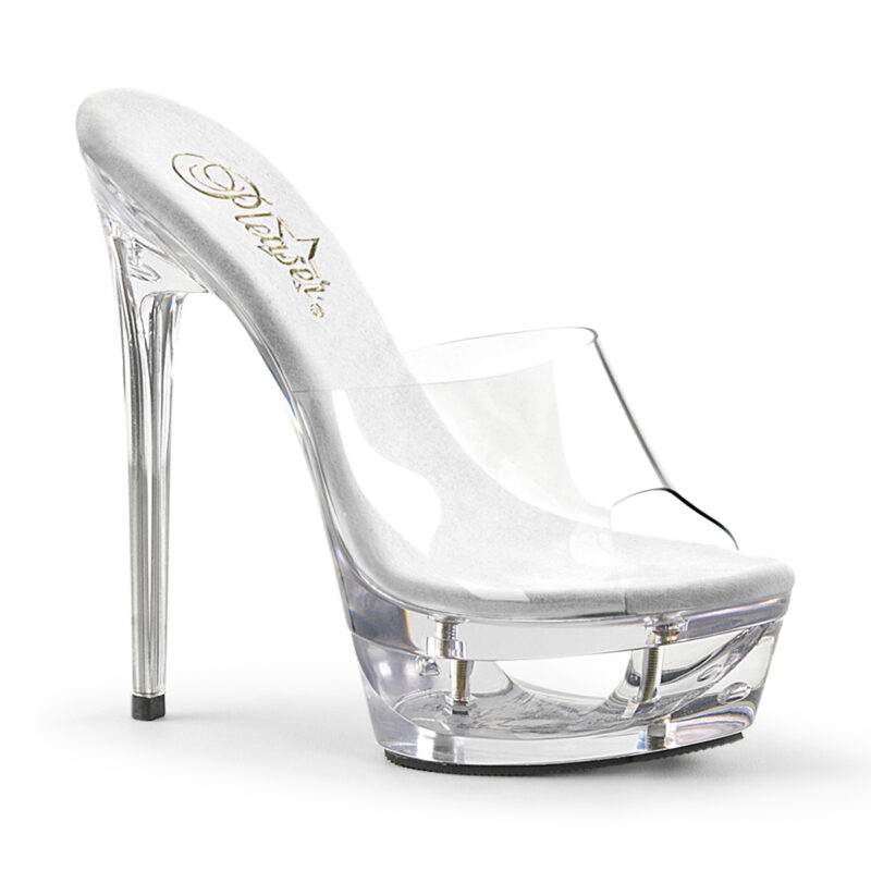 ECLIPSE-601 Durchsichtige High Heels Pantolette mit Plateau im Cut-out-Design von Pleaser 16,5 cm hohem Absatz und 4,5 cm Plateau. Das Obermaterial ist aus Kunststoff. Die Lederinnensohle ist weichgepolstert.