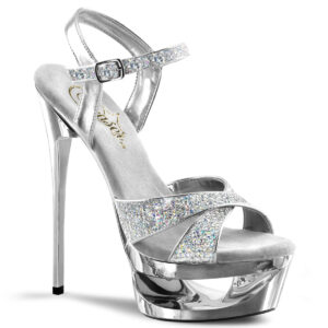 ECLIPSE-619G silberne Multiglitter High-Heel Sandalette mit Plateau im Cut-out-Design, 16,5 cm Absatz und 4,5 cm Plateau von Pleaser USA.
