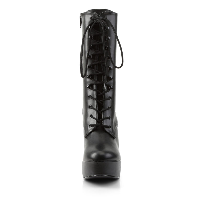Plateau Stiefelette schwarz Kunstleder mit Schnürung, 13 cm Blockabsatz und 4 cm Plateau von Pleaser USA.