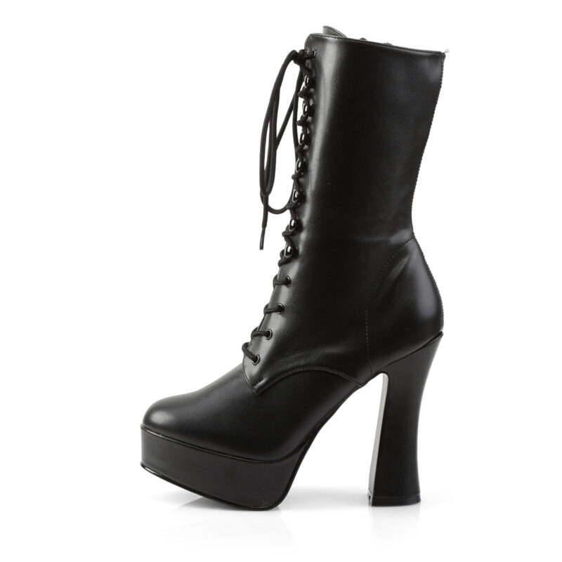 Plateau Stiefelette schwarz Kunstleder mit Schnürung, 13 cm Blockabsatz und 4 cm Plateau von Pleaser USA.