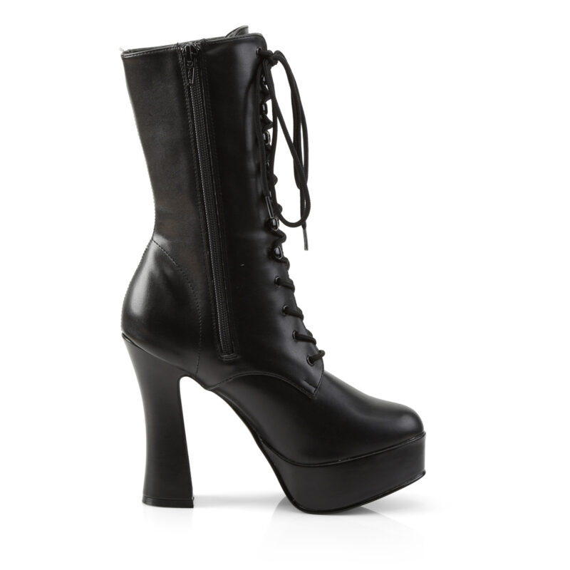 Plateau Stiefelette schwarz Kunstleder mit Schnürung, 13 cm Blockabsatz und 4 cm Plateau von Pleaser USA.