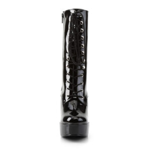 Plateau Stiefelette schwarz Lack mit Schnürung, 13 cm Blockabsatz und 4 cm Plateau von Pleaser USA.