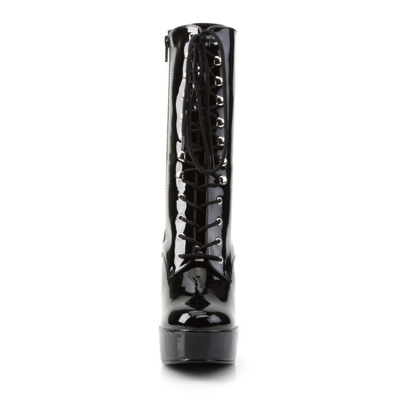 Plateau Stiefelette schwarz Lack mit Schnürung, 13 cm Blockabsatz und 4 cm Plateau von Pleaser USA.