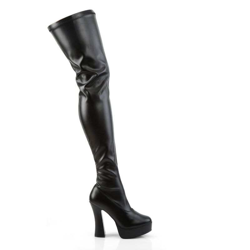 Overknee Plateau Stiefel schwarz Kunstleder mit 13 cm Blockabsatz und 4 cm Plateau von Pleaser USA.