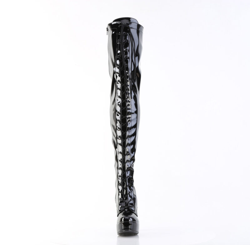 Overknee Plateau Schnürstiefel schwarz Lack mit 13 cm Blockabsatz und 4 cm Plateau von Pleaser USA.
