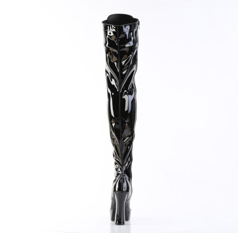 Overknee Plateau Schnürstiefel schwarz Lack mit 13 cm Blockabsatz und 4 cm Plateau von Pleaser USA.