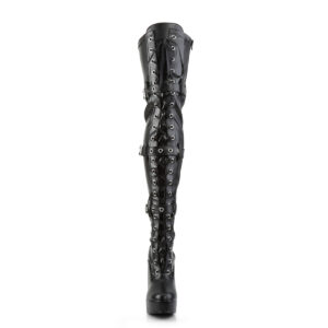 Overknee Plateau Schnürstiefel mit Schnallen, schwarz Stretchkunstleder, mit 13 cm Blockabsatz und 4 cm Plateau von Pleaser USA.