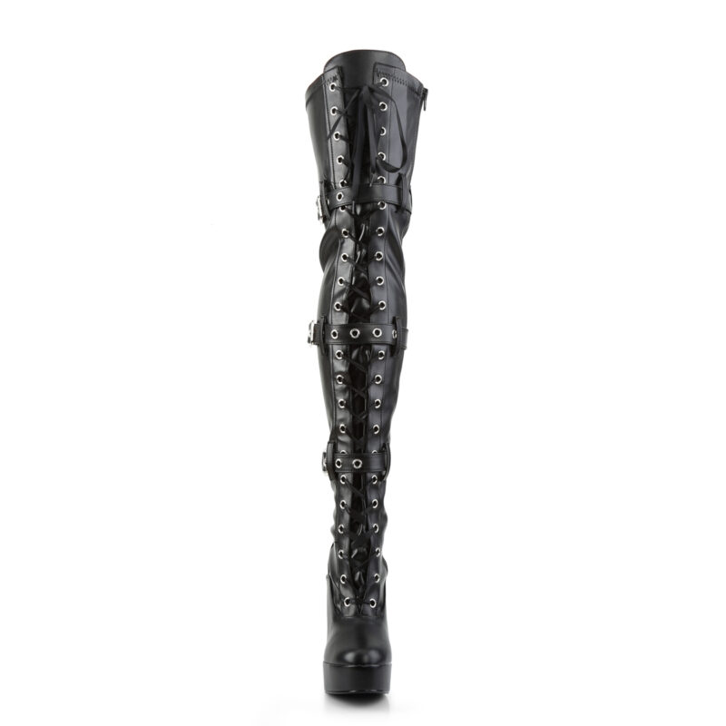 Overknee Plateau Schnürstiefel mit Schnallen, schwarz Stretchkunstleder, mit 13 cm Blockabsatz und 4 cm Plateau von Pleaser USA.