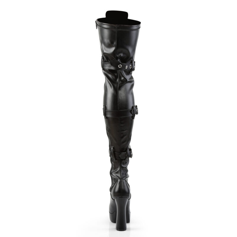 Overknee Plateau Schnürstiefel mit Schnallen, schwarz Stretchkunstleder, mit 13 cm Blockabsatz und 4 cm Plateau von Pleaser USA.