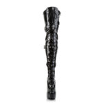 Overknee Plateau Schnürstiefel mit Schnallen, schwarz Lack, mit 13 cm Blockabsatz und 4 cm Plateau von Pleaser USA.