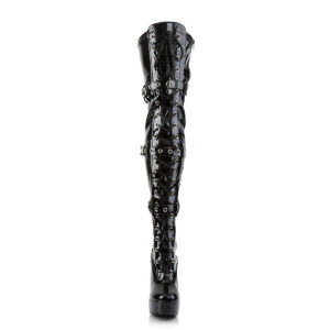 Overknee Plateau Schnürstiefel mit Schnallen, schwarz Lack, mit 13 cm Blockabsatz und 4 cm Plateau von Pleaser USA.