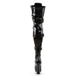 Overknee Plateau Schnürstiefel mit Schnallen, schwarz Lack, mit 13 cm Blockabsatz und 4 cm Plateau von Pleaser USA.