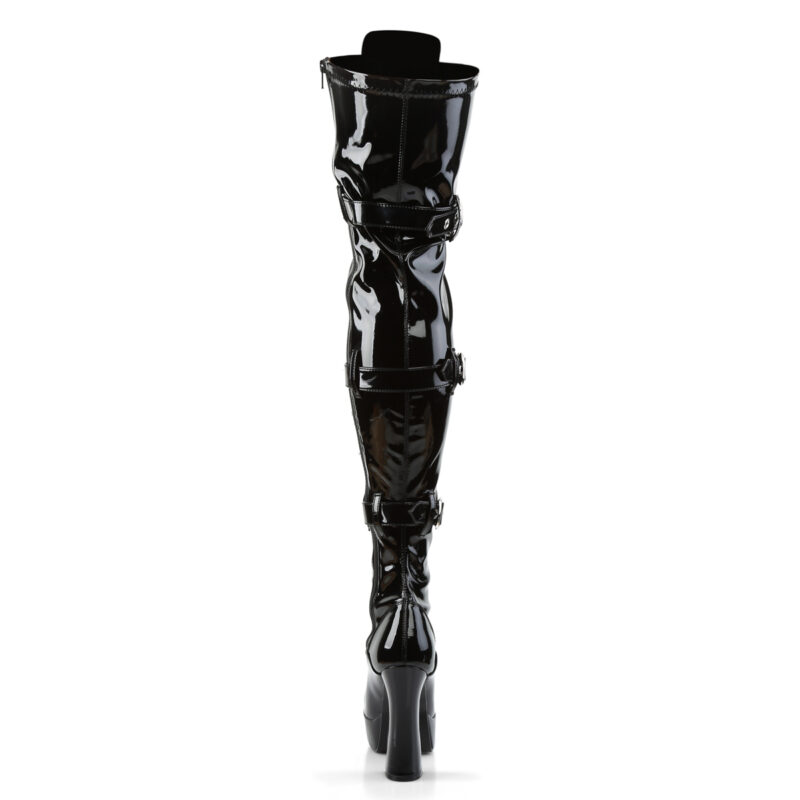 Overknee Plateau Schnürstiefel mit Schnallen, schwarz Lack, mit 13 cm Blockabsatz und 4 cm Plateau von Pleaser USA.