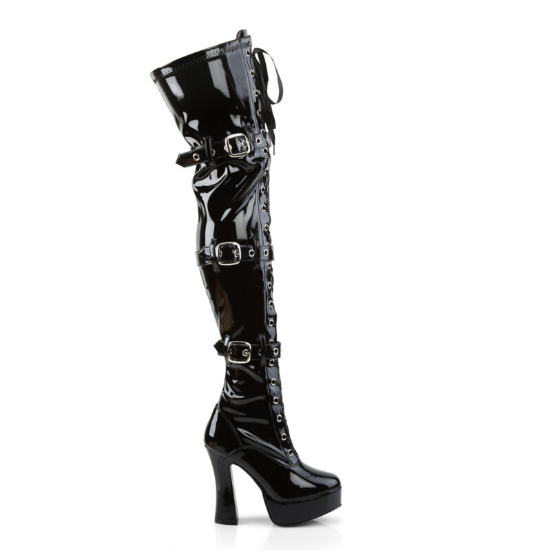 Overknee Plateau Schnürstiefel mit Schnallen, schwarz Lack, mit 13 cm Blockabsatz und 4 cm Plateau von Pleaser USA.