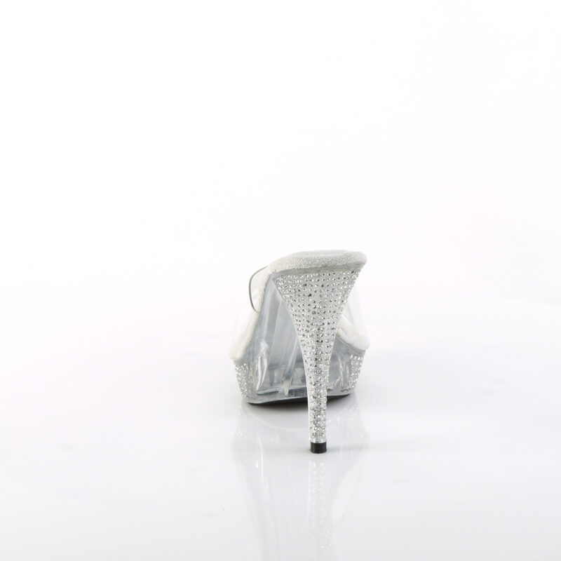 Durchsichtige High Heel Pantolette mit strassbesetztem Plateau und Absatz von Pleaser, 11,5 cm Absatz, 2,5 cm Plateau