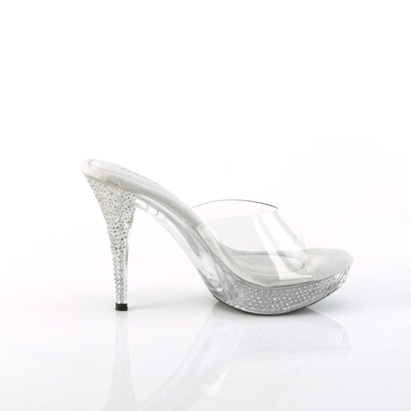 Durchsichtige High Heel Pantolette mit strassbesetztem Plateau und Absatz von Pleaser, 11,5 cm Absatz, 2,5 cm Plateau