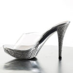 Durchsichtige High Heel Pantolette mit strassbesetztem silber Chrom Plateau und Absatz von Pleaser, 11,5 cm Absatz, 2,5 cm Plateau