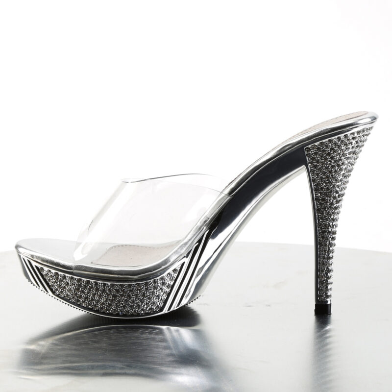 Durchsichtige High Heel Pantolette mit strassbesetztem silber Chrom Plateau und Absatz von Pleaser, 11,5 cm Absatz, 2,5 cm Plateau