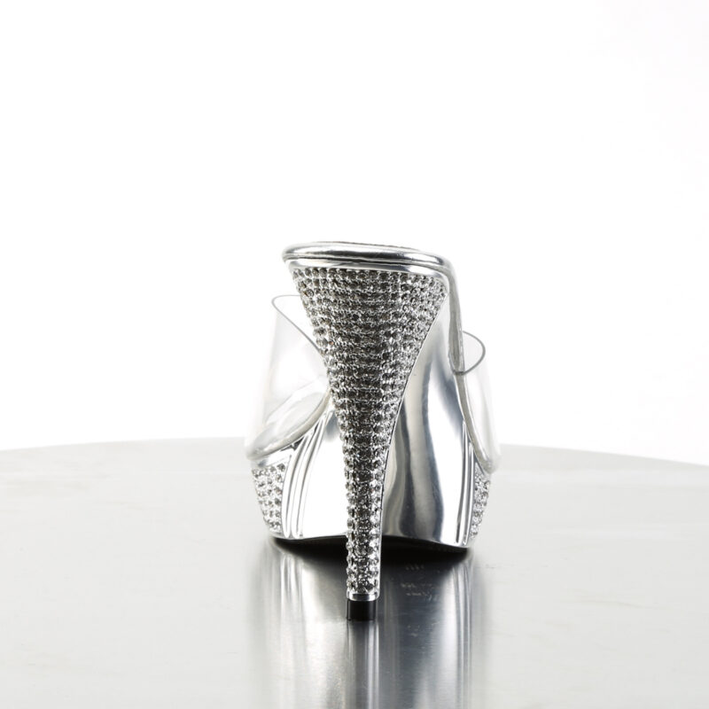 Durchsichtige High Heel Pantolette mit strassbesetztem silber Chrom Plateau und Absatz von Pleaser, 11,5 cm Absatz, 2,5 cm Plateau