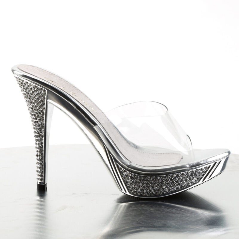 Durchsichtige High Heel Pantolette mit strassbesetztem silber Chrom Plateau und Absatz von Pleaser, 11,5 cm Absatz, 2,5 cm Plateau