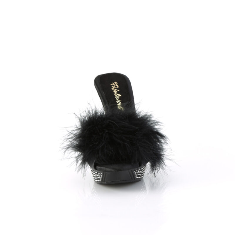 Schwarze Pantolette mit Marabu Federn und strassbesetztem Plateau und Absatz, Kollektion Fabulicious by Pleaser USA, 11,5 cm High Heel Absatz, 2,5 cm Plateau.